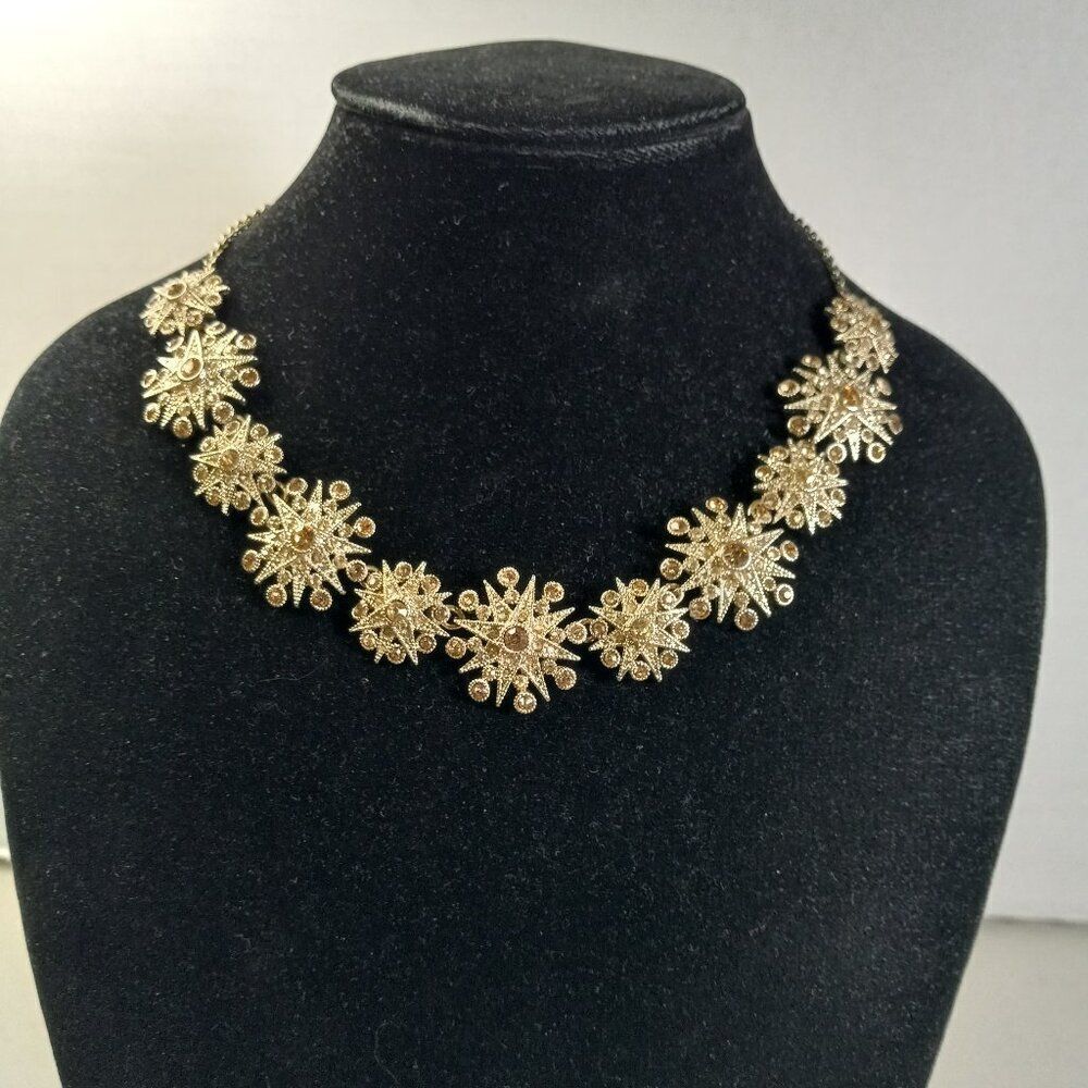 I. Michelson Starburst Links Gold tone  Amber color Rhinestones Necklace